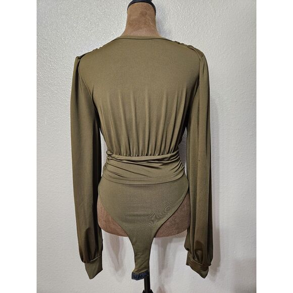 Women’s Olive Green Deep V-Neck Long Sleeve Puff Shoulder Bodysuit Size M - Picture 2 of 2